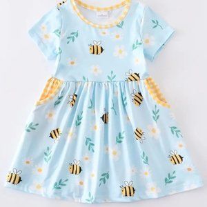 Boutique Bees & Flowers Girls Blue Short Sleeve Dress